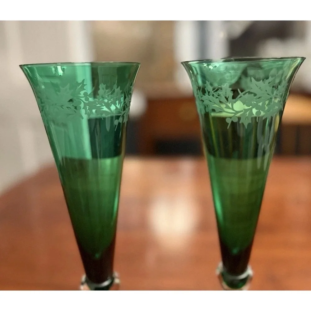 Pair of Vintage Lenox‎ Holiday Gems Emerald Green Champagne Flutes - Set of 2